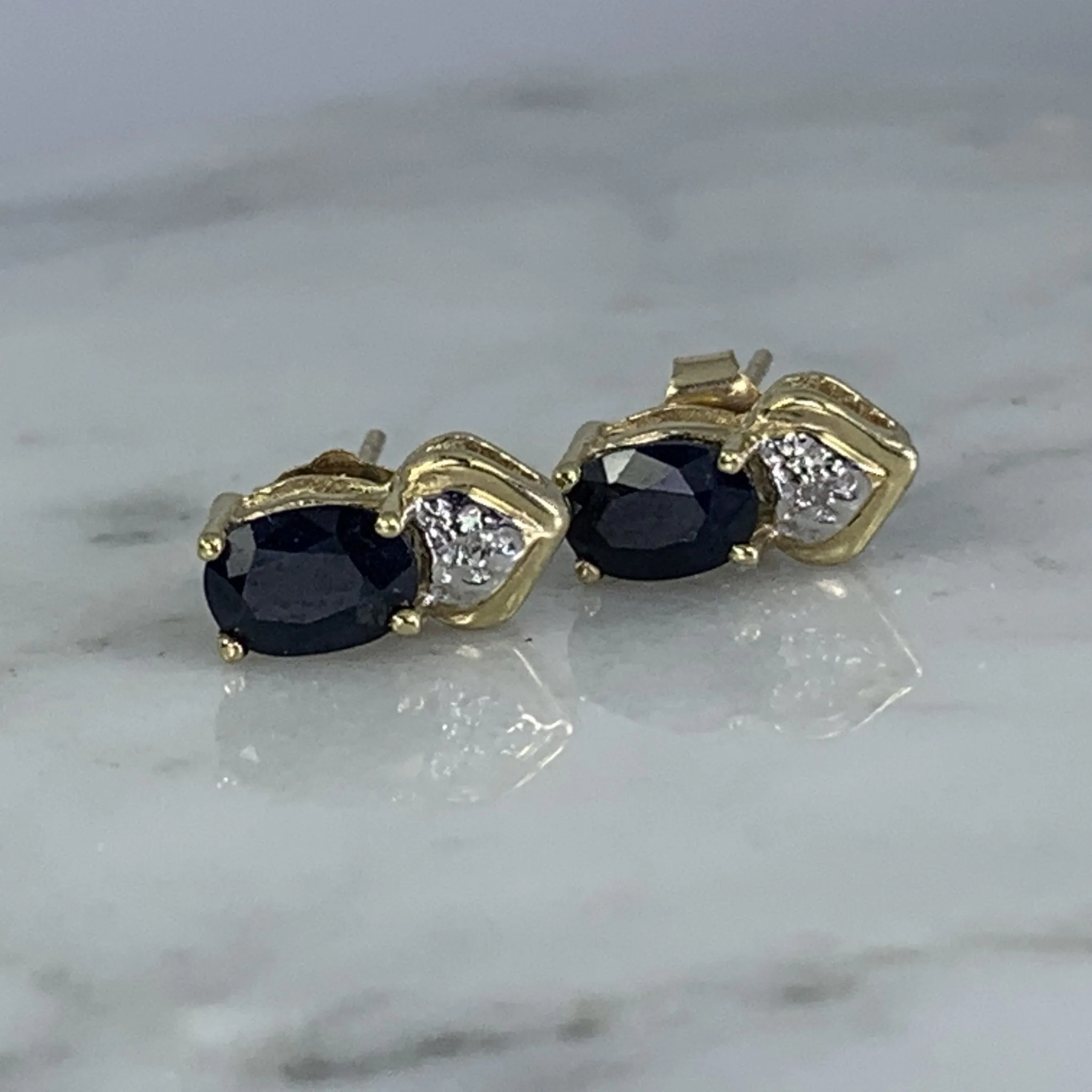 Vintage Sapphire and Diamond Earrings. 10k Solid Yellow Gold. September Birthstone.