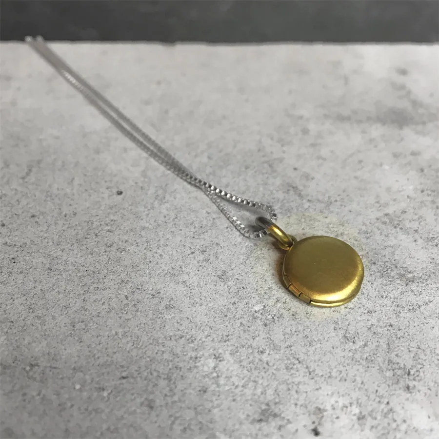 Vintage Tiny Charm Locket Necklace Brushed Brass