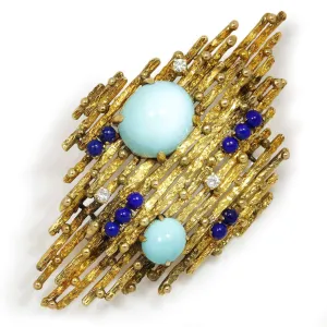 Vintage Turquoise & Lapis Brooch with Diamonds 14K Yellow Gold