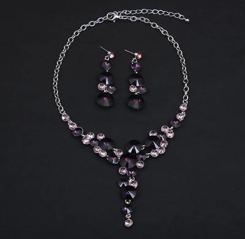 Women Bridal Dress Accessories Luxury Purple Flower Crystal Rhinestone Statement Collar Choker Necklace Earring JewelrySets