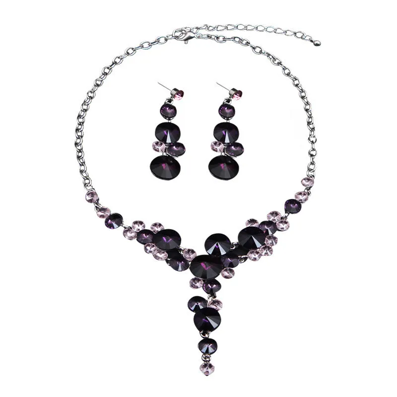 Women Bridal Dress Accessories Luxury Purple Flower Crystal Rhinestone Statement Collar Choker Necklace Earring JewelrySets