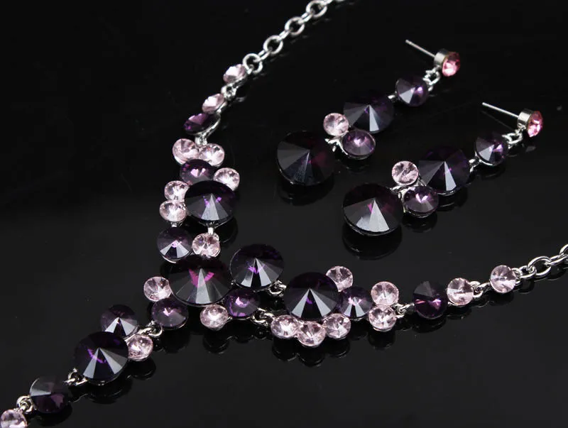 Women Bridal Dress Accessories Luxury Purple Flower Crystal Rhinestone Statement Collar Choker Necklace Earring JewelrySets