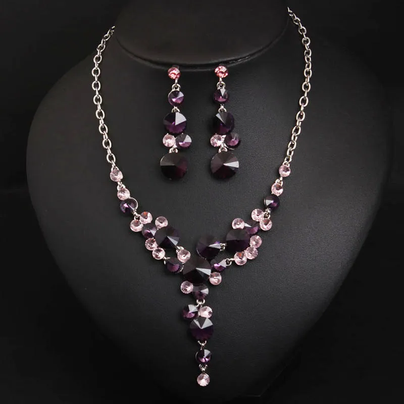 Women Bridal Dress Accessories Luxury Purple Flower Crystal Rhinestone Statement Collar Choker Necklace Earring JewelrySets