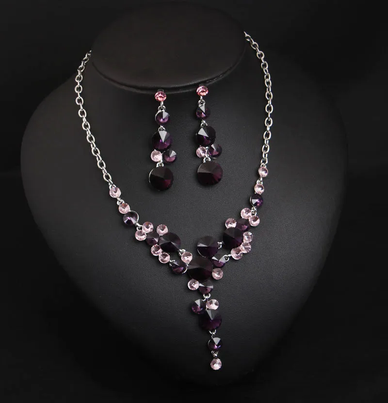Women Bridal Dress Accessories Luxury Purple Flower Crystal Rhinestone Statement Collar Choker Necklace Earring JewelrySets