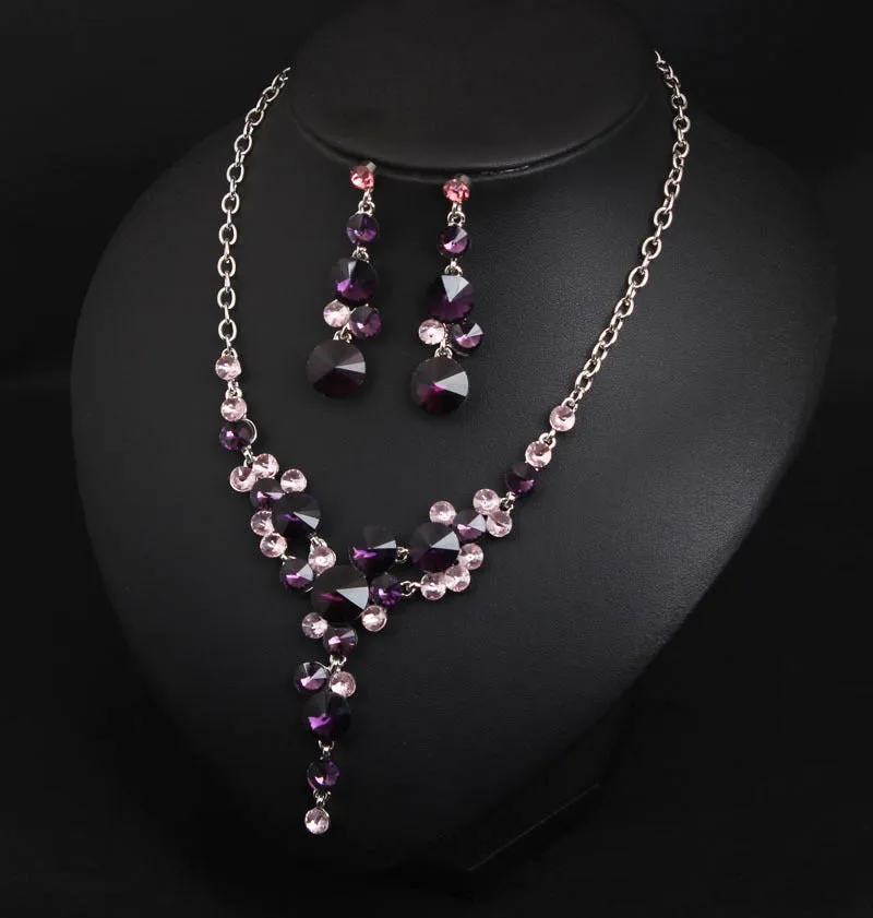 Women Bridal Dress Accessories Luxury Purple Flower Crystal Rhinestone Statement Collar Choker Necklace Earring JewelrySets