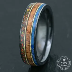 Zirconium Ring with Mid Guitar String / Fire Opal   Hawaiian Koa Wood   Lapis /  6mm / Dome Shape & Comfort Fitment