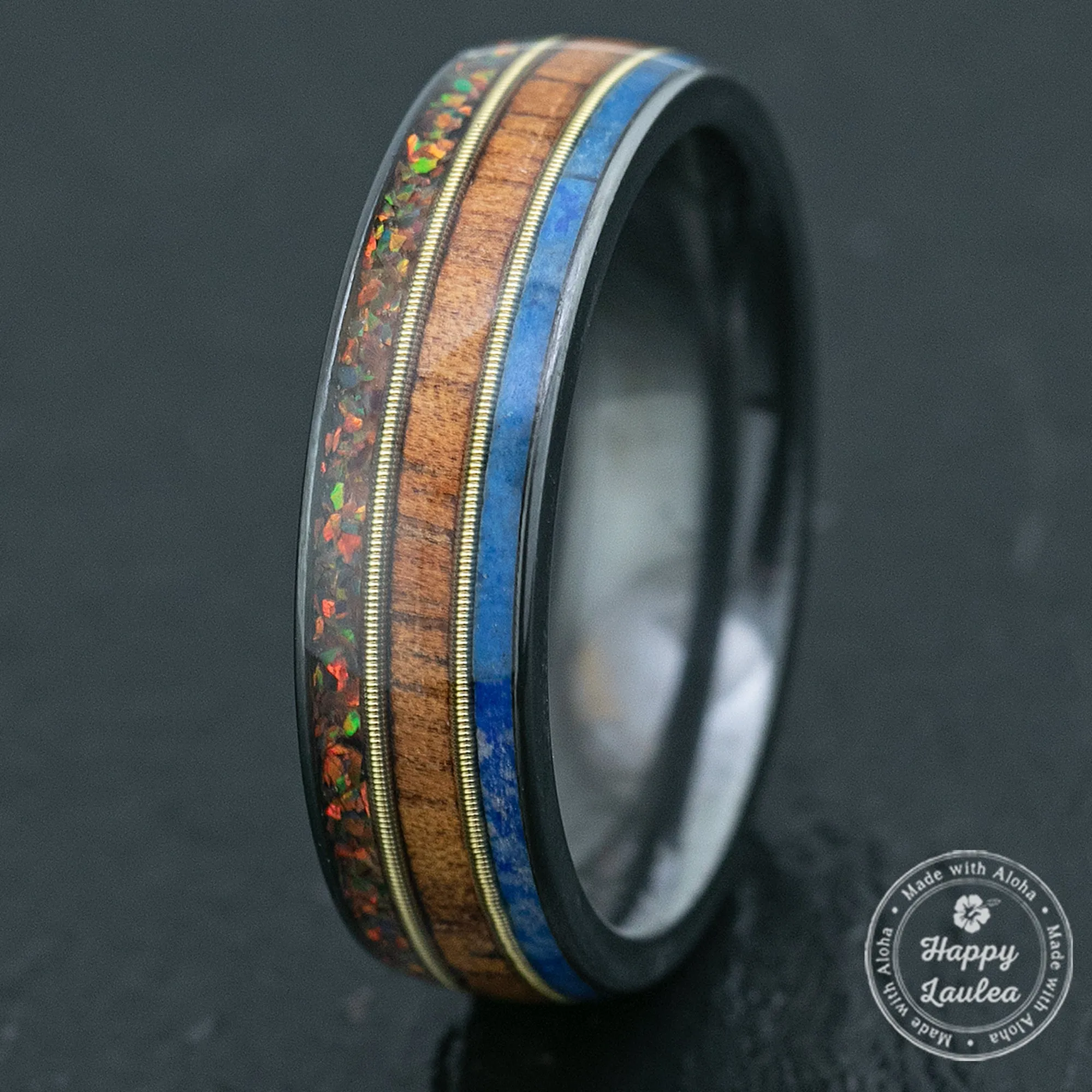Zirconium Ring with Mid Guitar String / Fire Opal   Hawaiian Koa Wood   Lapis /  6mm / Dome Shape & Comfort Fitment